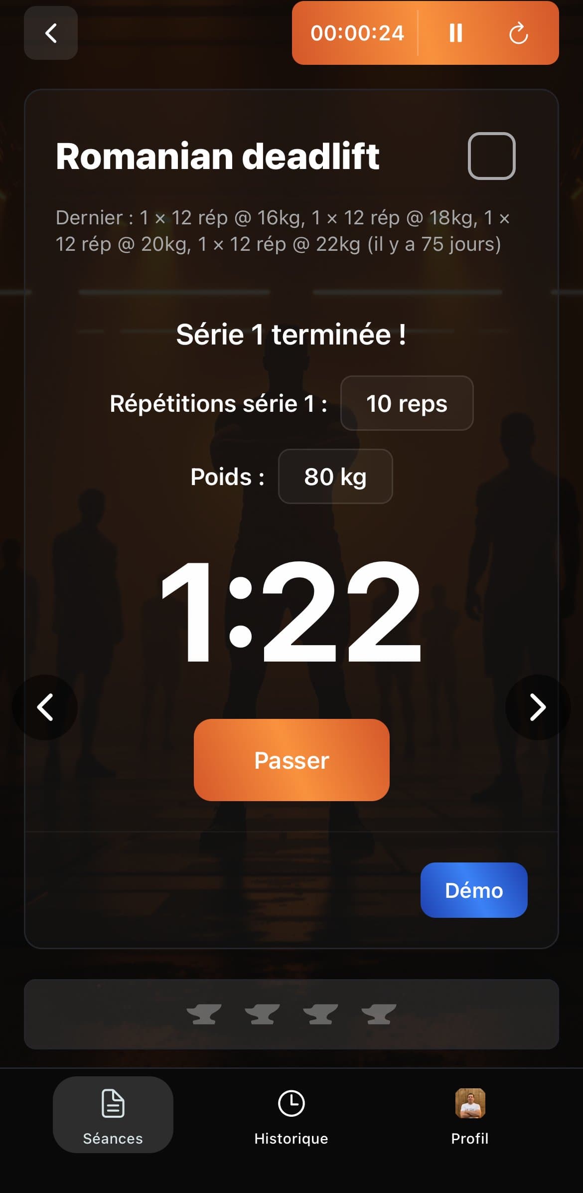 Écran de La Forge : la saisie d'une série et le minuteur de repos